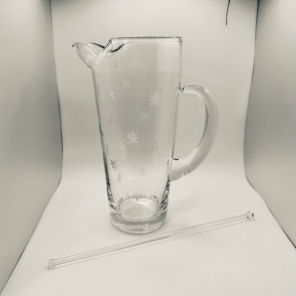 Vintage Mid Century Etched Glass Martini/ Cocktail Pitcher With Stir Stick - Picture 2 of 10